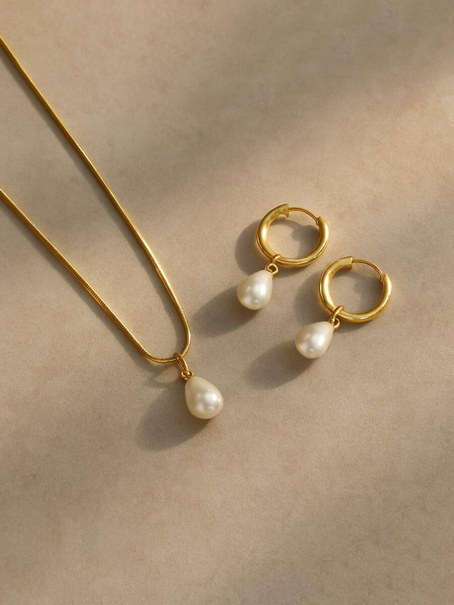 Pearl Necklace Set - 3pcs Stainless Steel Waterproof Non-Fading Fashion