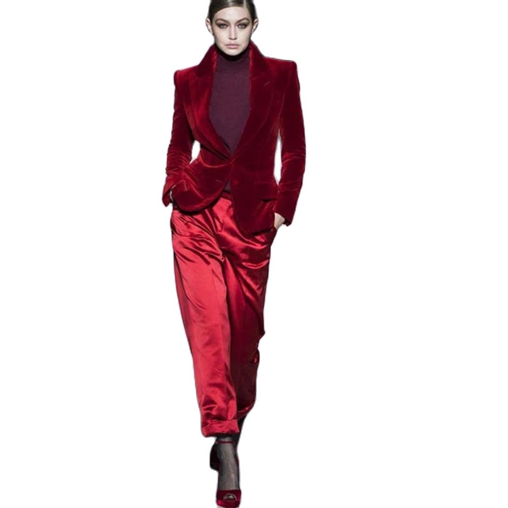 Women Formal Wear Office - Women Pant Suits Wine Red Velvet