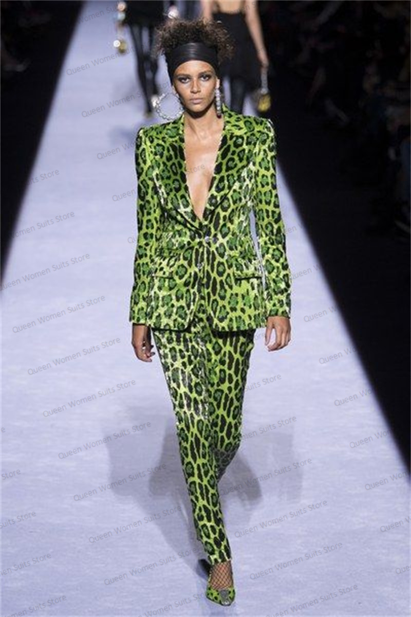 Sequins Leopard Women Suit Set - Women'S Green Formal Wear incelemesi ve fiyatı