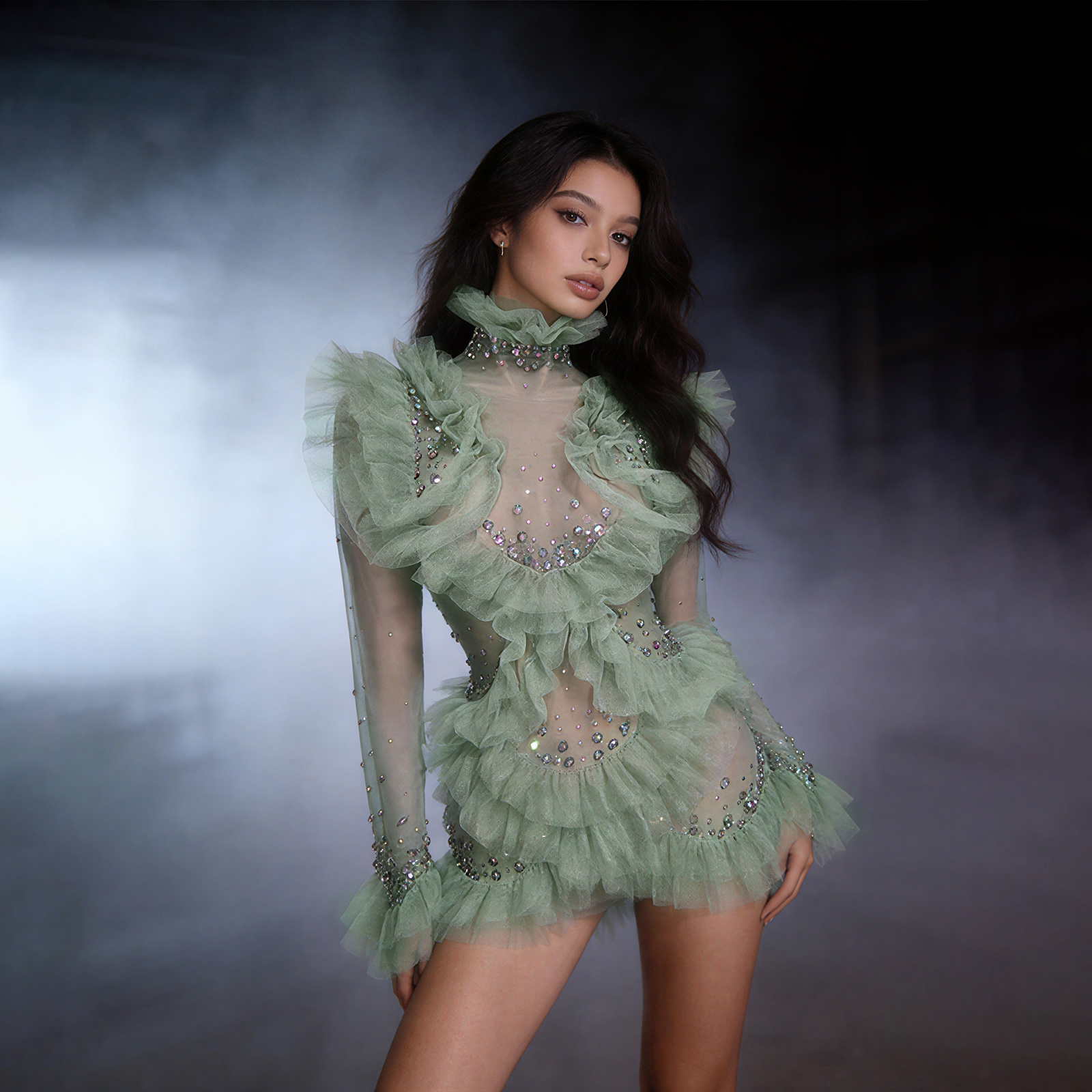 Sage Green Mesh Ruffle Tulle M - Women'S Green Formal Wear incelemesi ve fiyatı