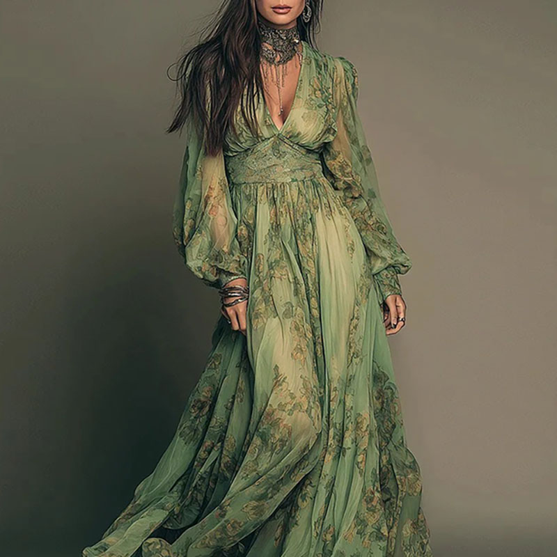 Elegant Green Floral Print Chi - Women'S Green Formal Wear incelemesi ve fiyatı