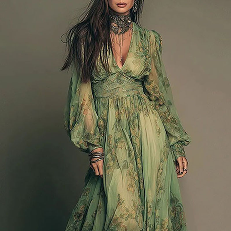 Elegant Green Floral Print Chi - Women'S Green Formal Wear incelemesi ve fiyatı