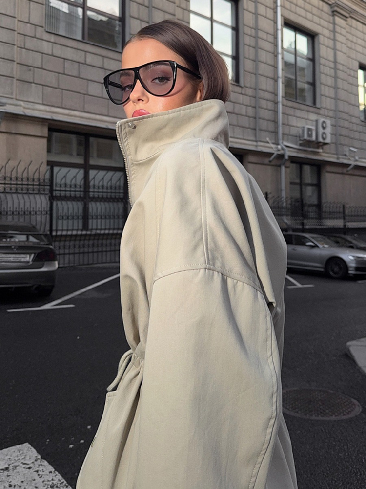 women Coat Stand Collar Drawst - Trench Coat Formal incelemesi ve fiyatı